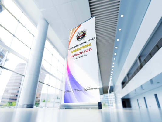 Roll Up Banner Printing in Singapore showcasing customizable sizes in a modern interior setting.