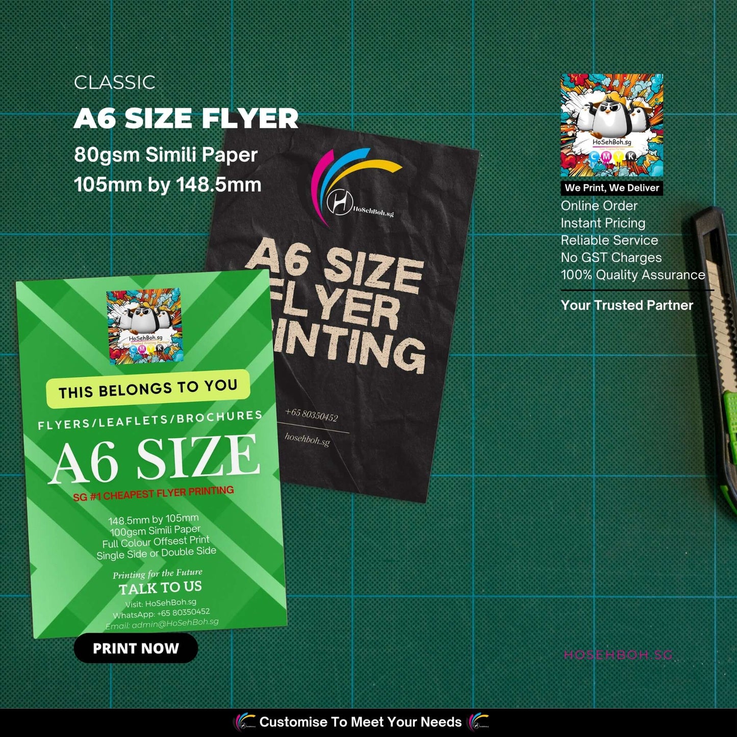 A6 size flyers on display, showcasing vibrant design and details for printing services in Singapore.
