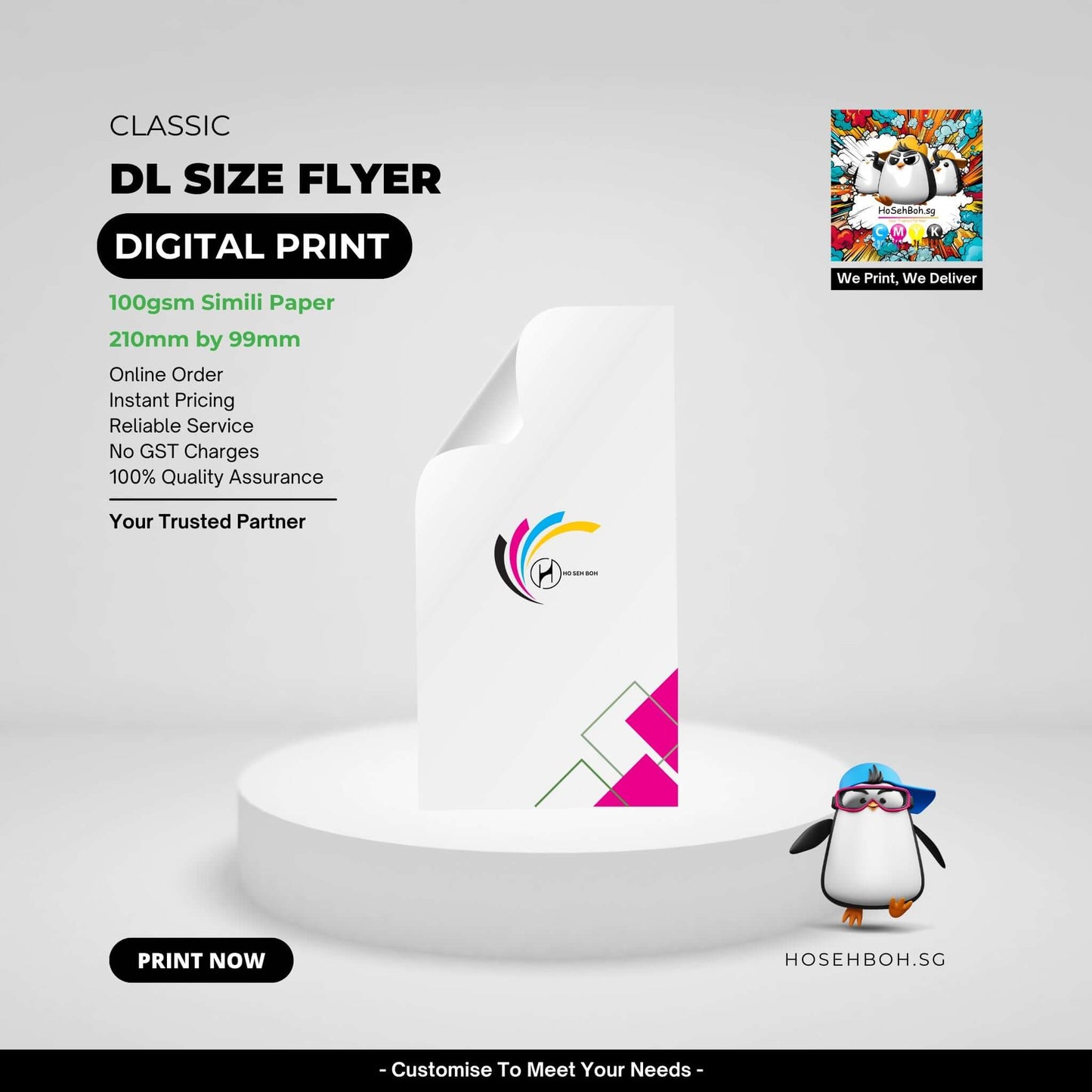 DL size digital print flyer on 100gsm paper, featuring vibrant colors and rounded design, promoting online print services.