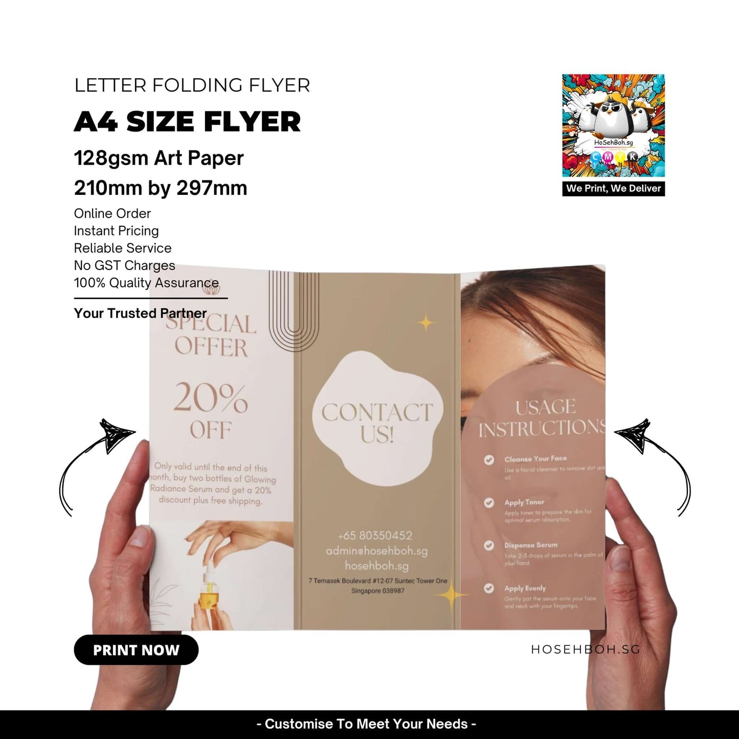 A4 size letter folding flyer printed on 128gsm art paper, featuring special offer and contact details.