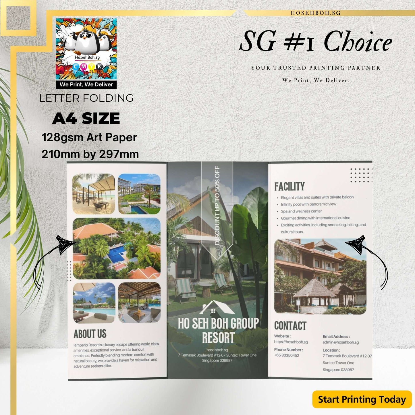 A4 letter fold brochure for Ho Seh Boh Group Resort, showcasing facilities and contact details, printed on 128gsm art paper.