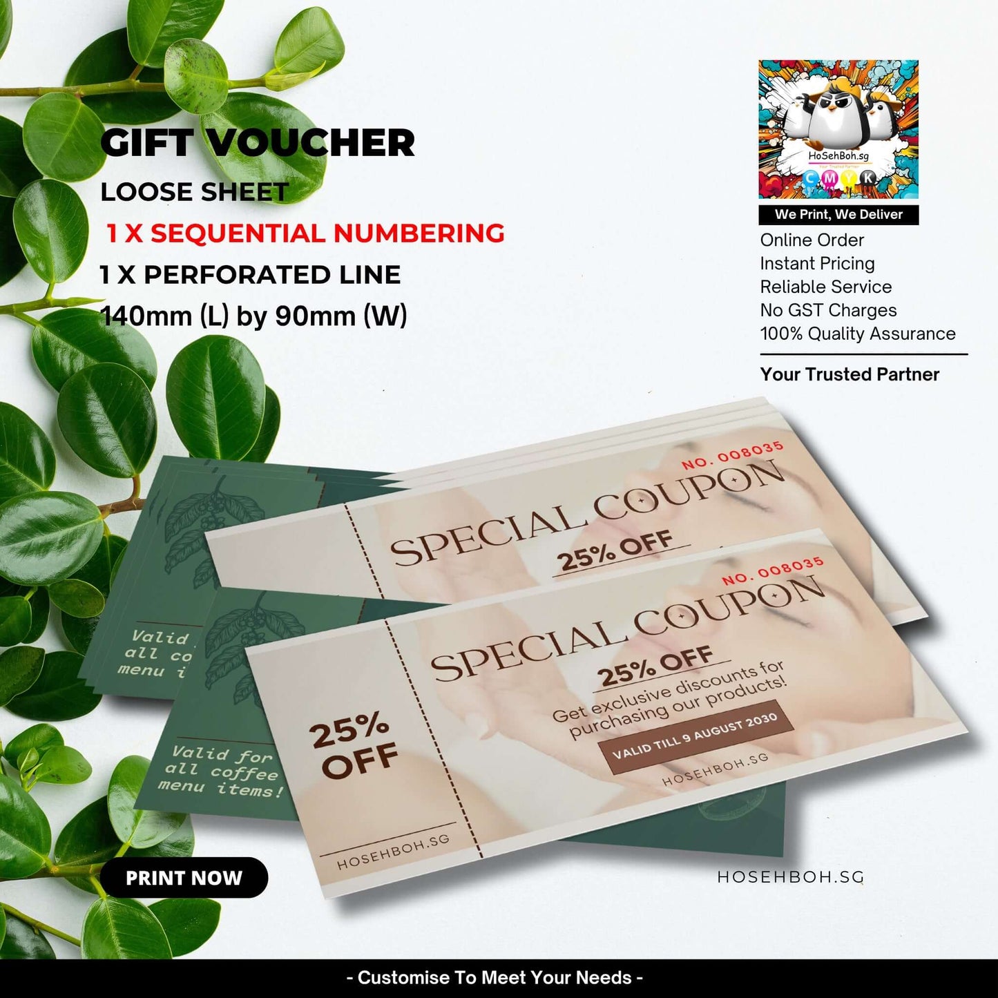 Print discount vouchers Singapore - 140mm x 90mm, featuring special coupon design and sequential numbering.