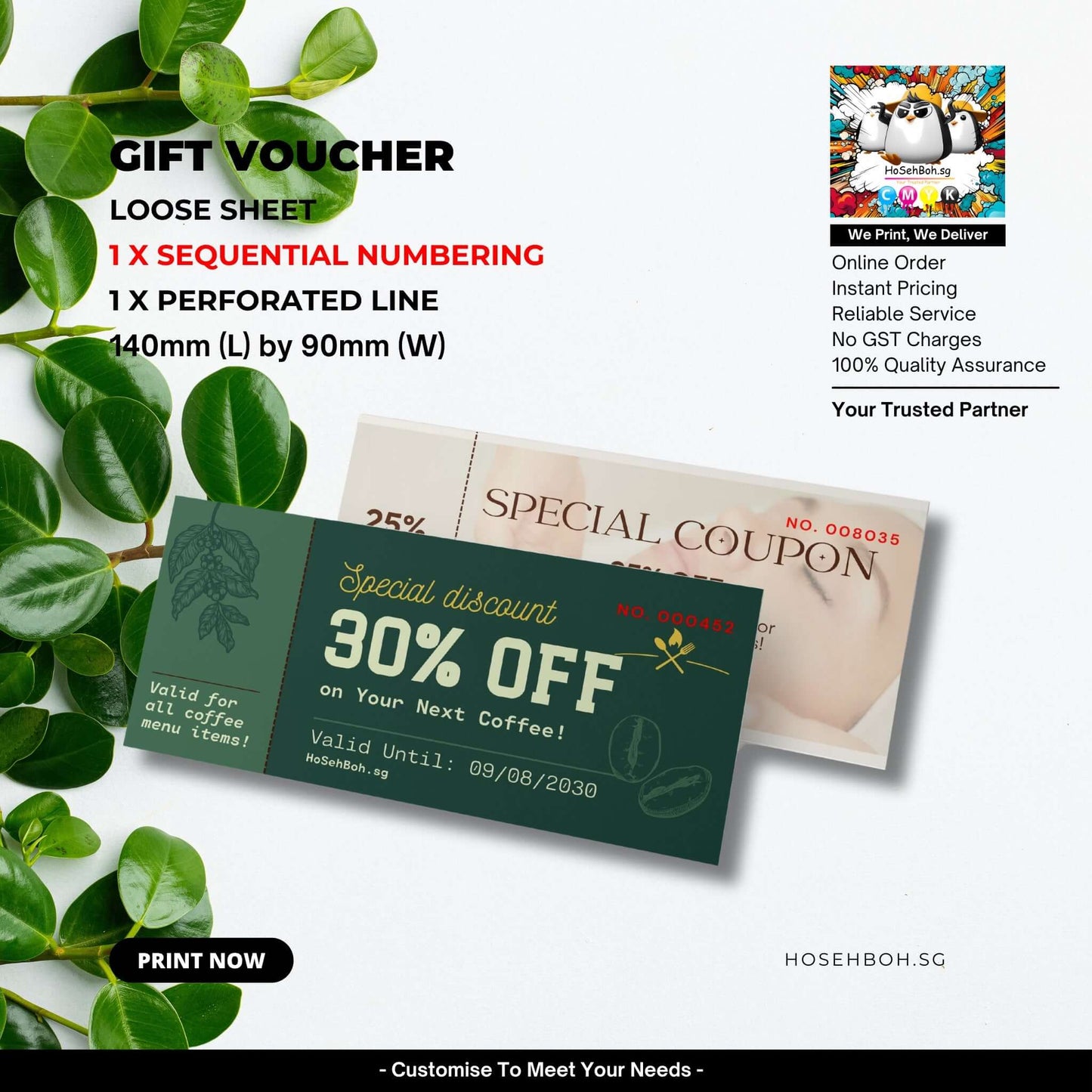 Custom printed gift vouchers, 140mm x 90mm, featuring 30% off discount for your next coffee. Order now in Singapore.