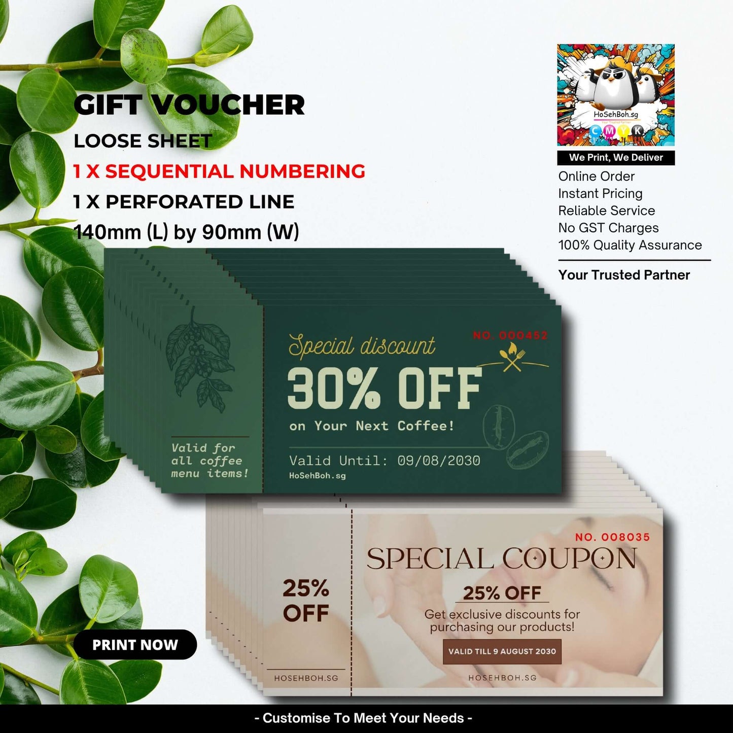 Gift vouchers printed service showcasing 30% off and 25% off offers in Singapore. Perfect for events and promotions.