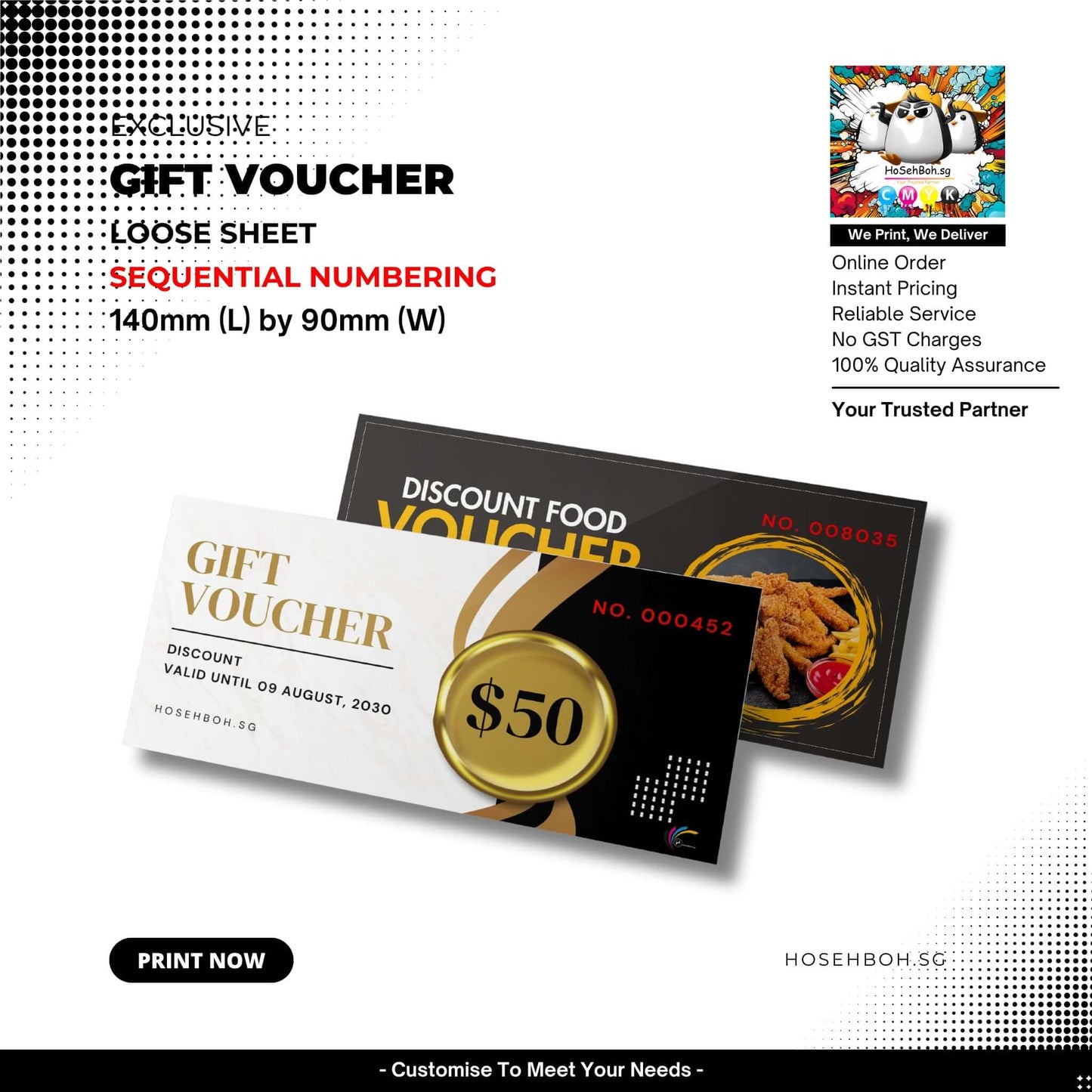 Gift vouchers with sequential numbering, size 140mm by 90mm, perfect for events and promotions in Singapore.
