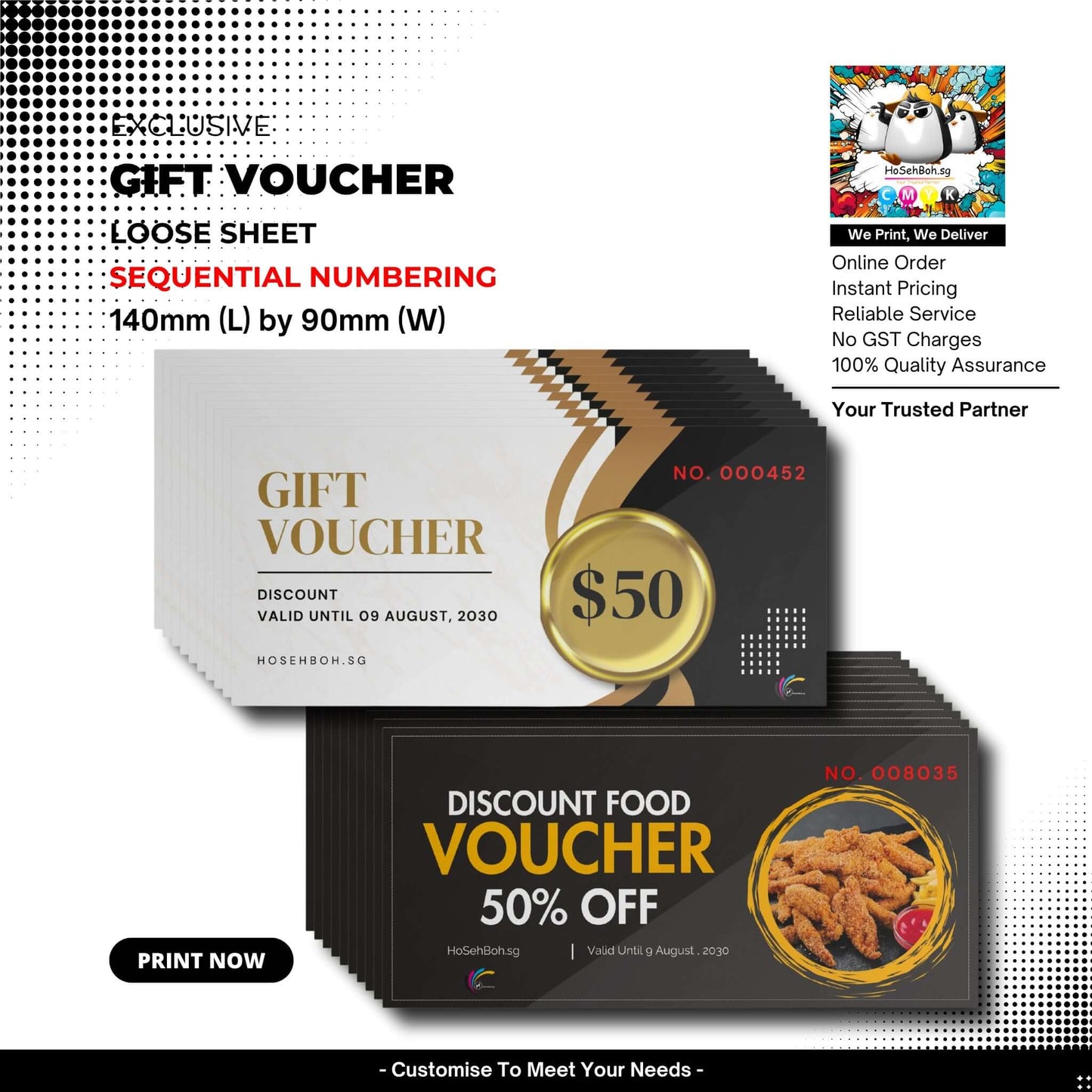 Professional gift vouchers printed on 140x90mm loose sheets with sequential numbering and discounts for Singapore. 100% quality assurance.