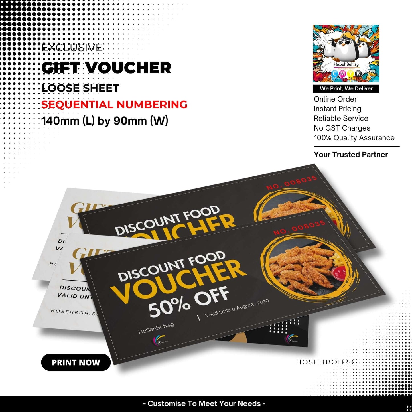 Gift vouchers in 140mm x 90mm size, featuring discount offers and sequential numbering, perfect for online printing in Singapore.