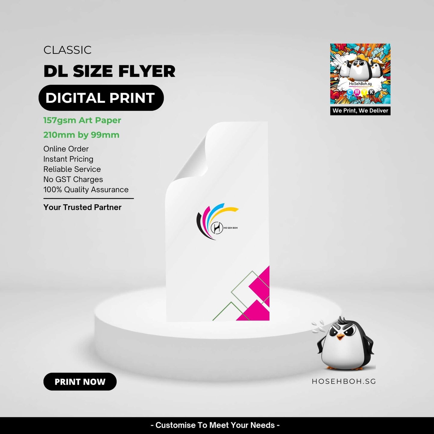 DL Digital Impress Print flyer in 157gsm art paper, showcasing vibrant design and reliable service details.
