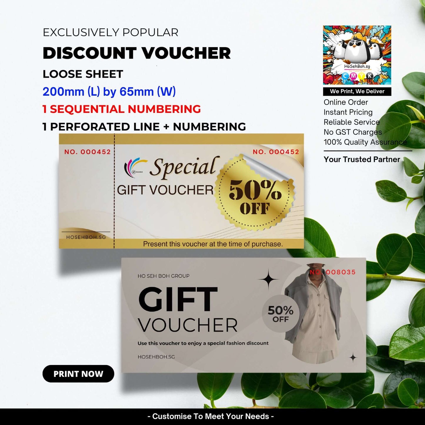 Custom printed discount vouchers, Size 200mm x 65mm, offering free numbering with perforated line in Singapore.