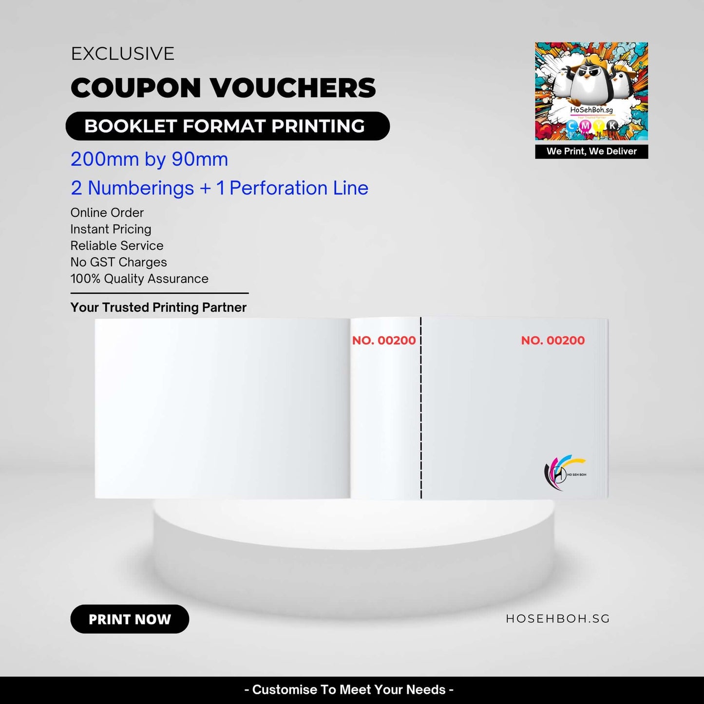 Booklet coupon vouchers 200mm by 90mm with perforation, printed by Ho Seh Boh Group in Singapore for discount promotions.