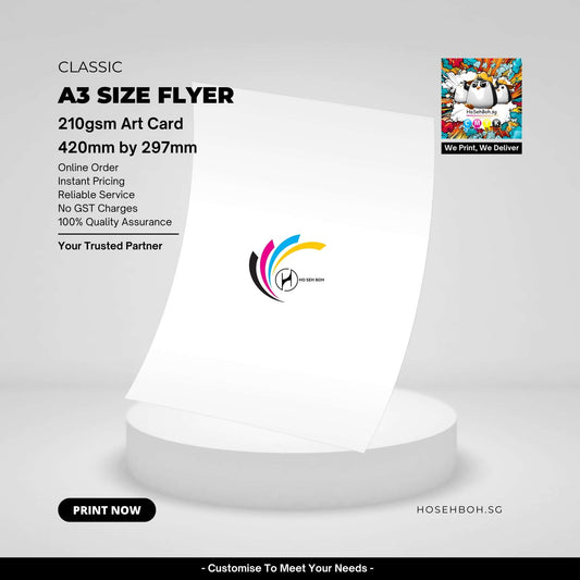 A3 size flyer made of 210gsm art card, featuring online order and quality assurance details.