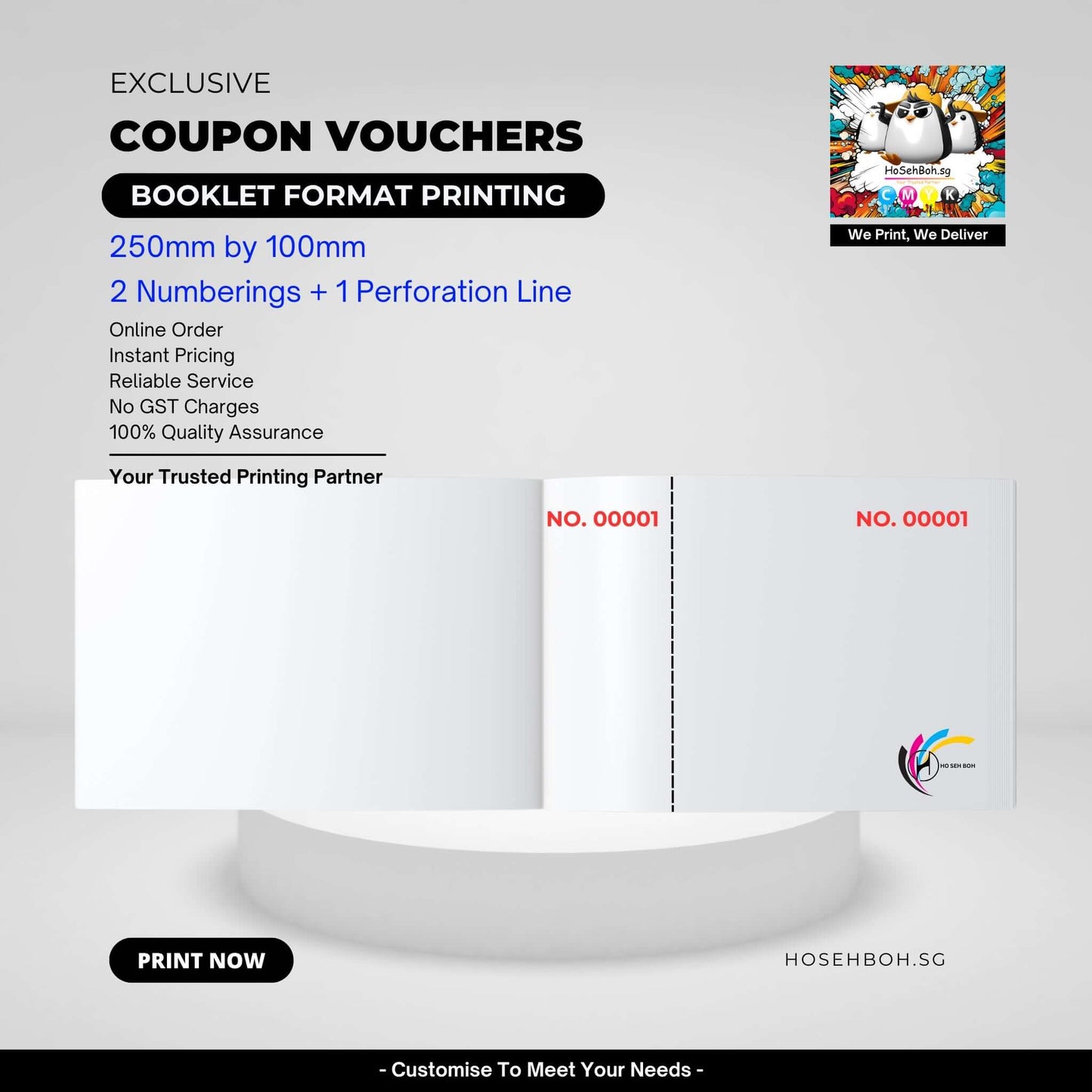 Booklet coupon vouchers 250mm by 100mm from Ho Seh Boh Group for printing discount coupons in Singapore.