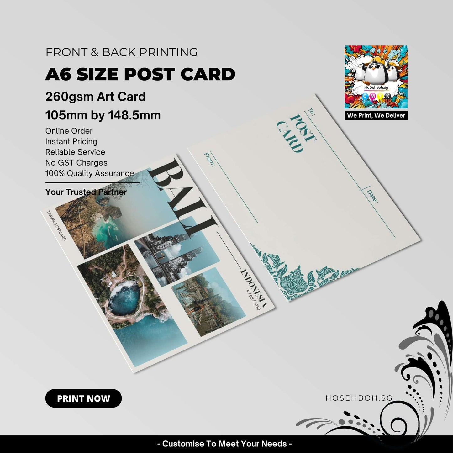 A6 size postcard featuring front and back printing, 260gsm art card, ideal for promotions in Singapore.