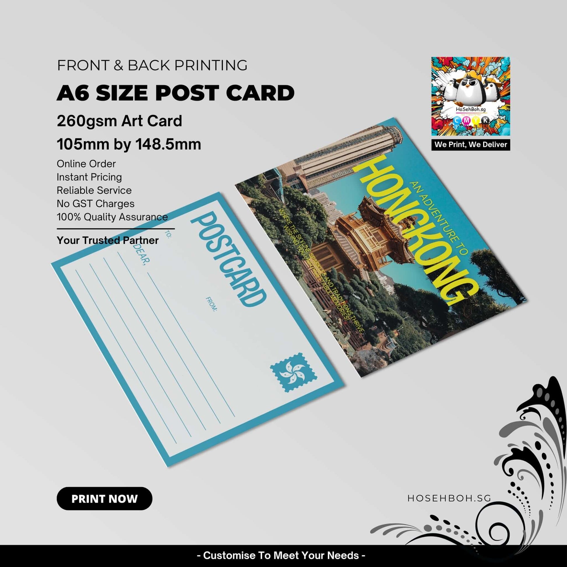 A6 size postcard featuring front and back printing, 260gsm art card, ideal for promotional use in Singapore.
