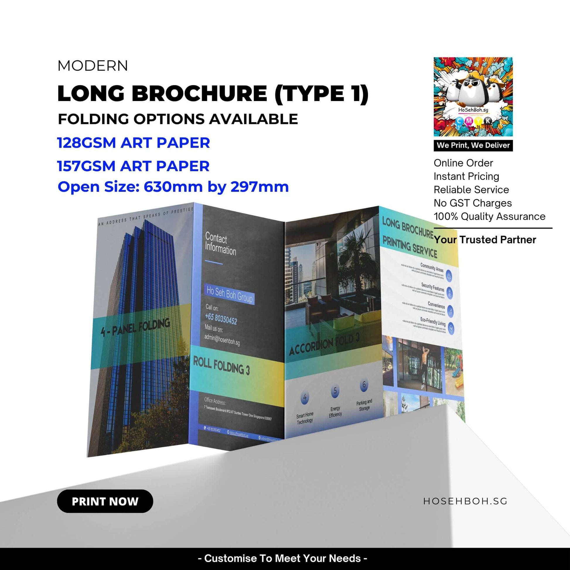 Long brochure design showcasing 630mm x 297mm with folding options and art paper details. Budget printing service in Singapore.