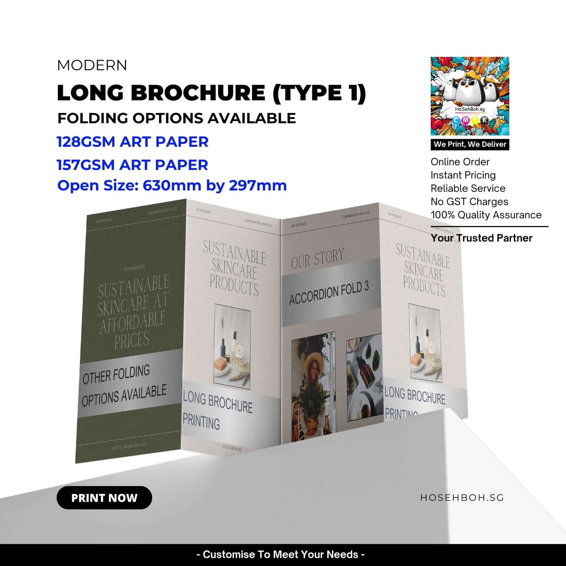 Long Brochure Printing Promotion showcasing 630mm by 297mm with folding options, ideal for marketing near you Singapore