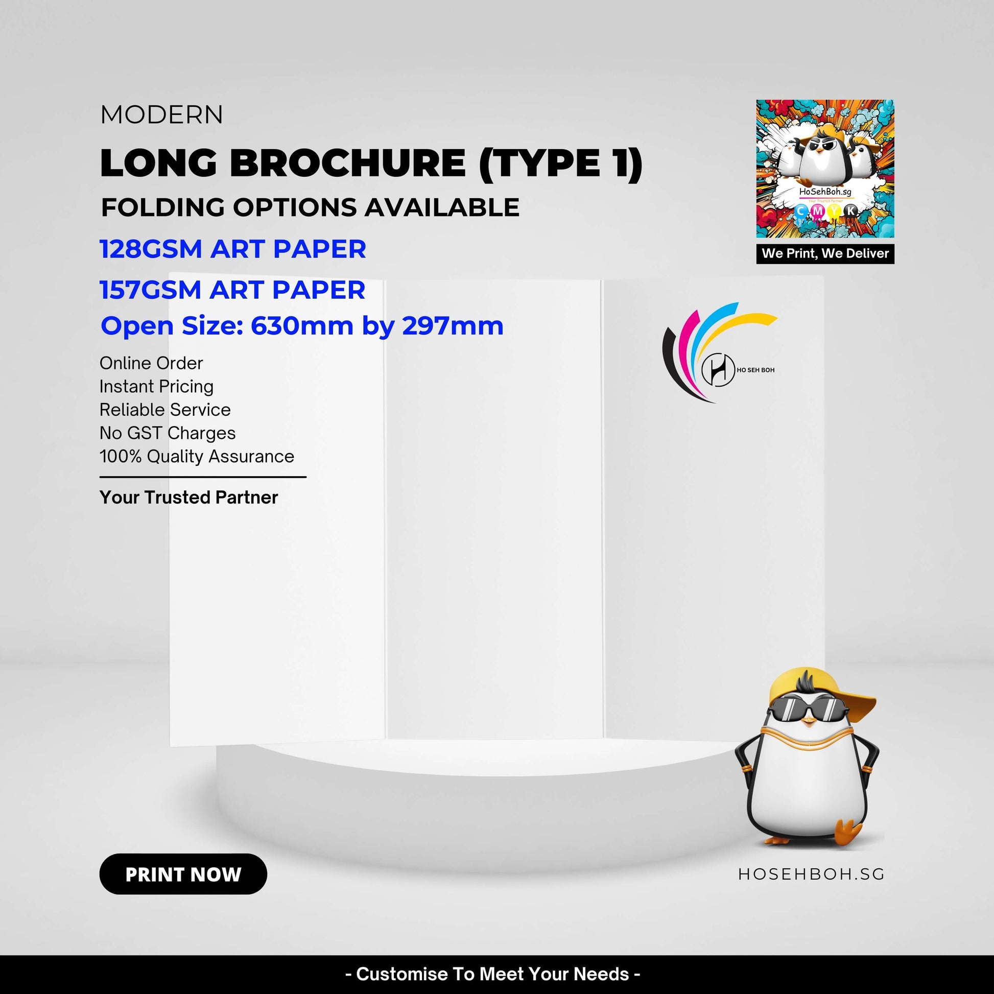 Modern long brochure offset printing service with dimension of 630mm by 297mm, featuring art paper stock and instant pricing.