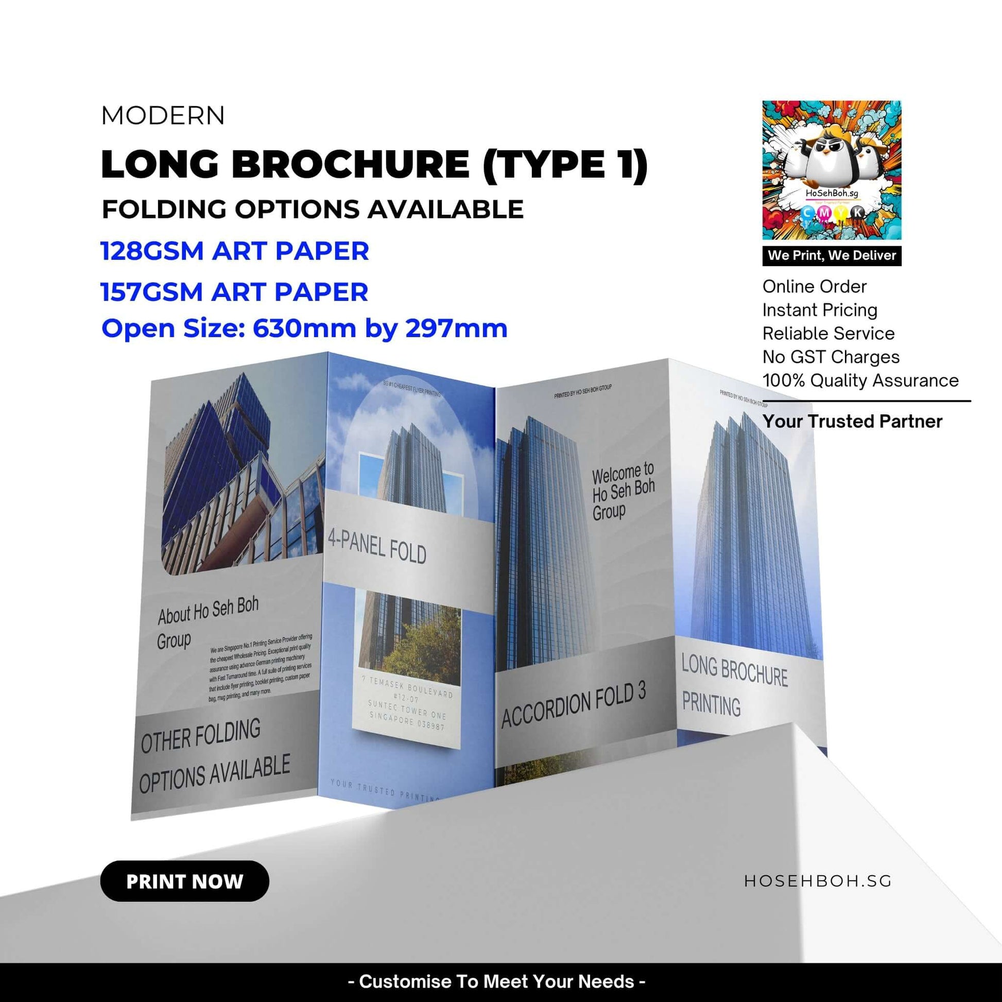 Cheapest long brochure printing service and design featuring folding options and specifications, 630mm x 297mm size.