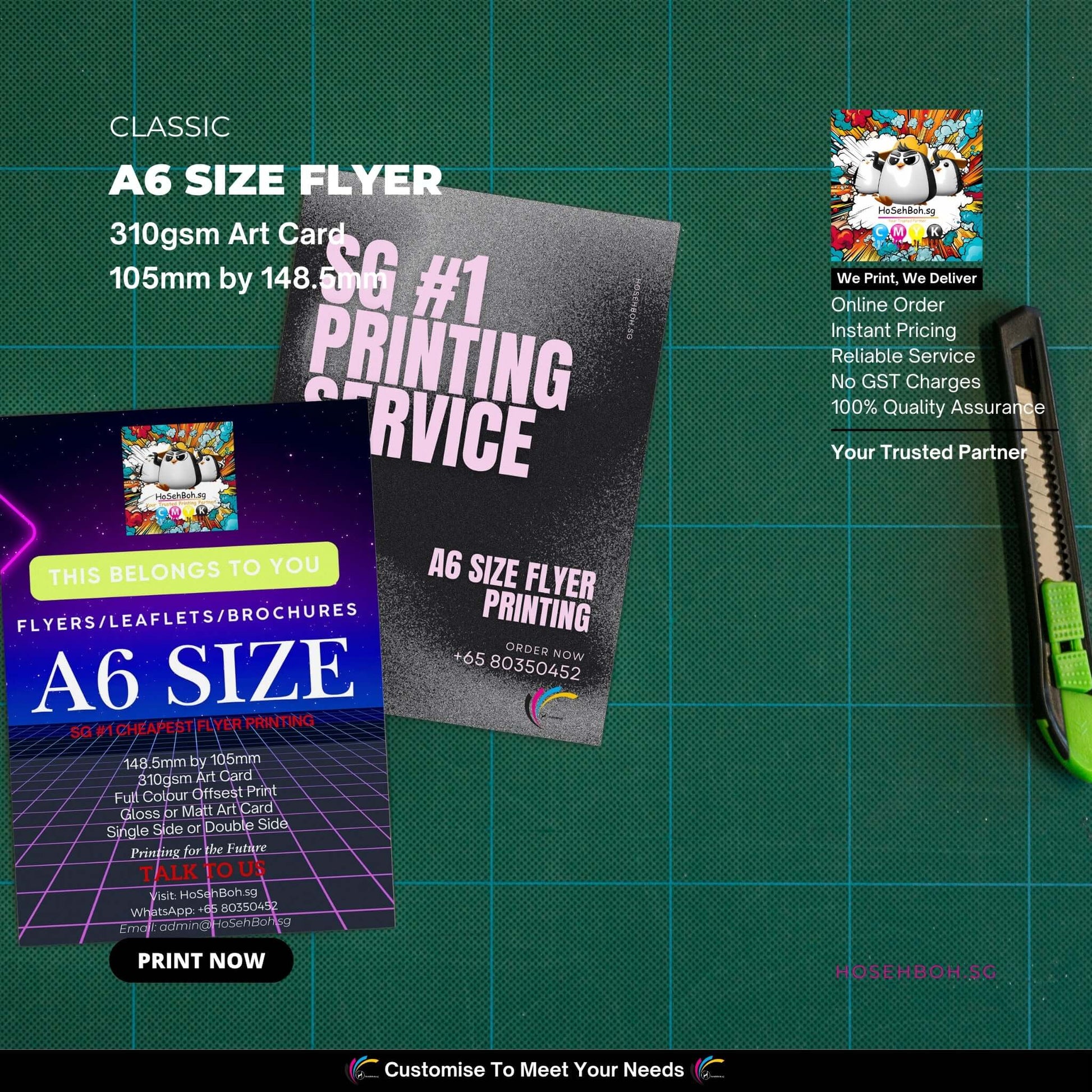 A6 size flyer showcasing vibrant design, highlighting 310gsm art card quality and affordable printing services in Singapore.