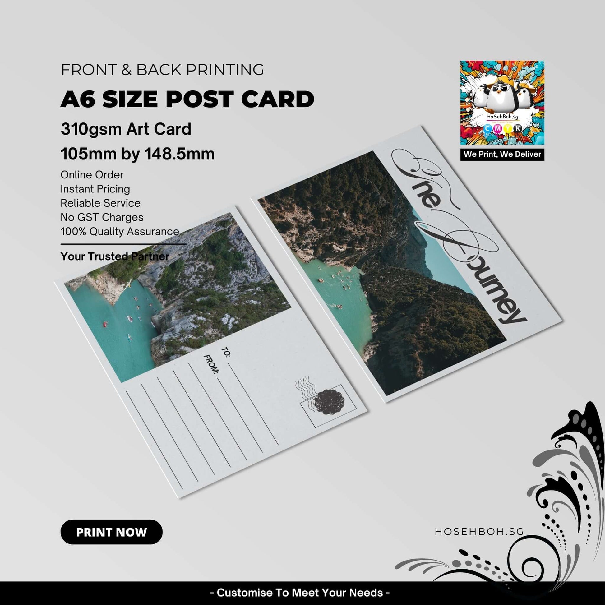 A6 size postcard design showcasing front and back printing on 310gsm art card, featuring vibrant imagery and clear text.