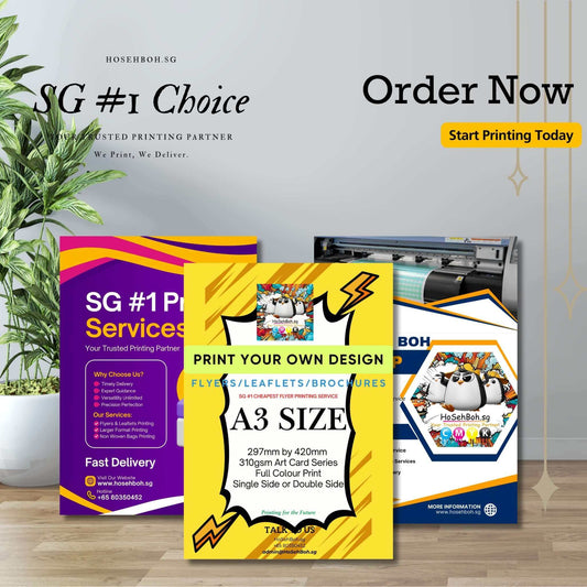 A3 size printing flyer showcasing services at HoseBoh.sg, featuring fast delivery and custom design options.