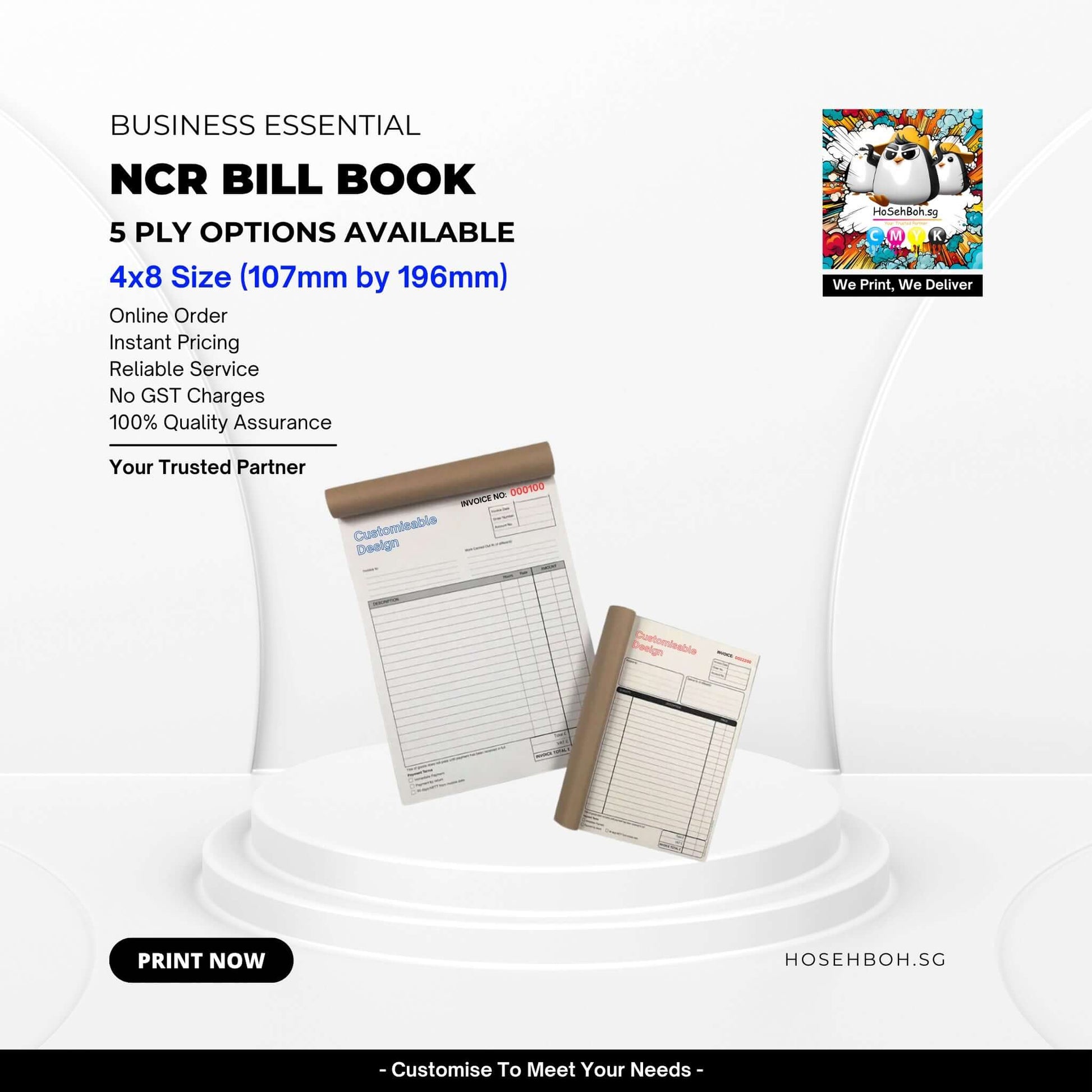 4x8 NCR Bill Book with 5 ply options, showcasing online order details, instant pricing, and quality assurance by Ho Seh Boh Group.