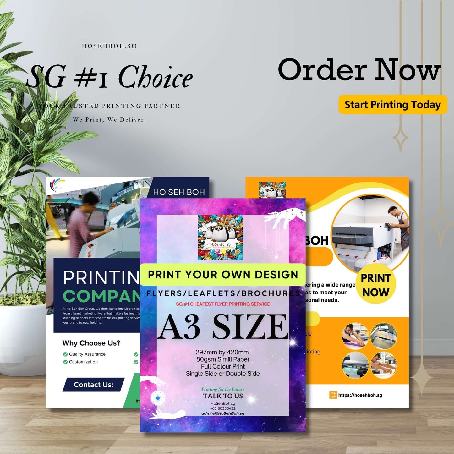 Promotional image showcasing A3 digital printing services in Singapore, highlighting quality and precision for flyers and brochures.