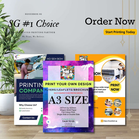 Promotional image showcasing A3 digital printing services in Singapore, highlighting quality and precision for flyers and brochures.
