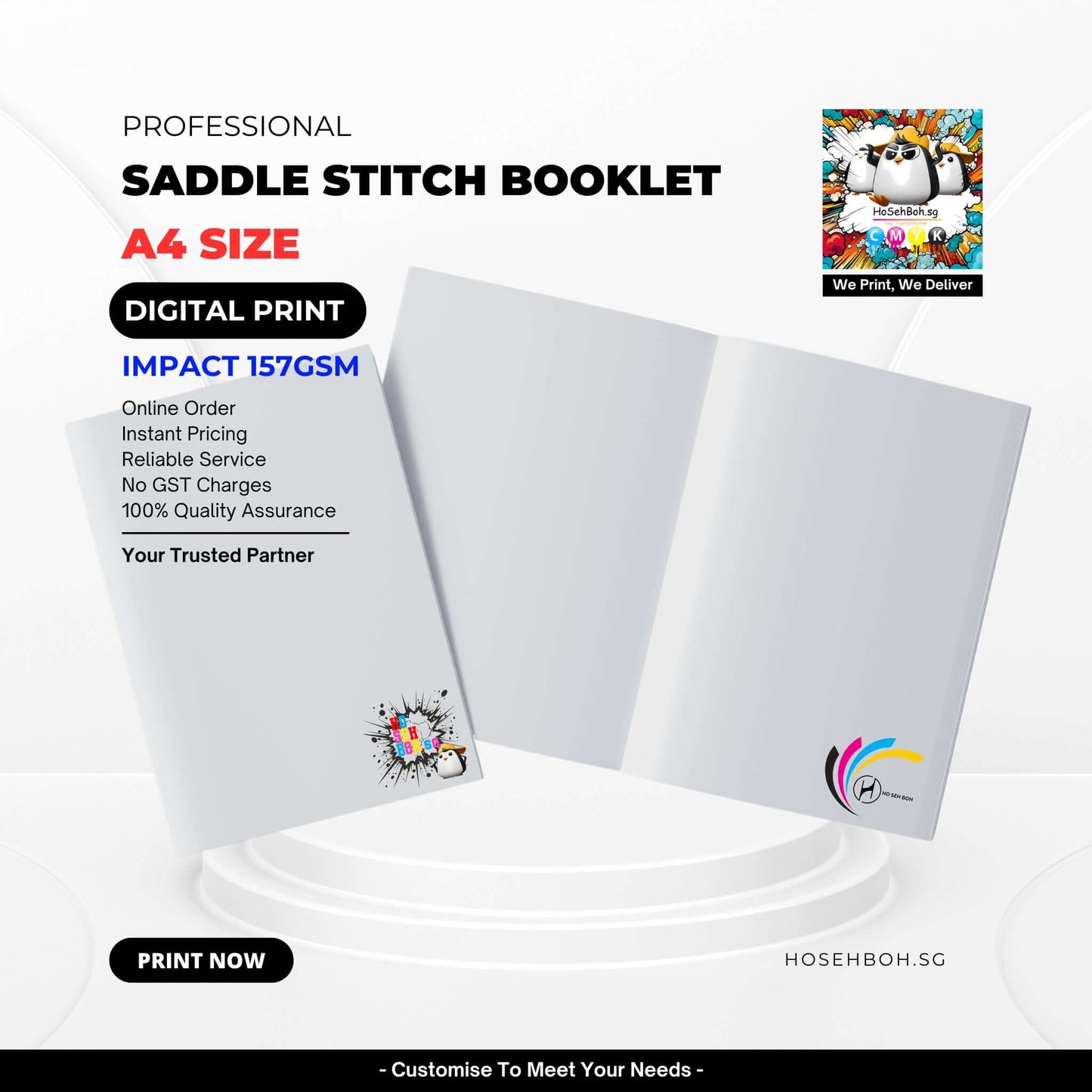 Professional A4 saddle stitch booklet highlighting digital print service with instant pricing and quality assurance.