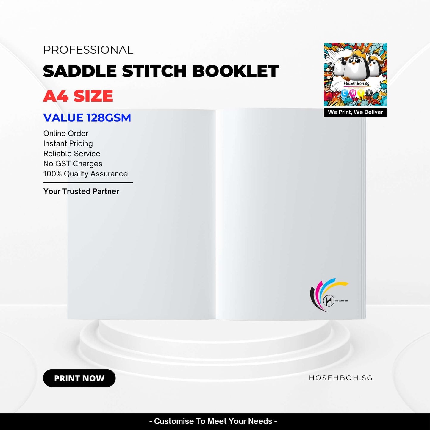 A4 Saddle Stitch Booklet featuring value 128gsm paper, online order, and instant pricing at HoSehBoh.sg.