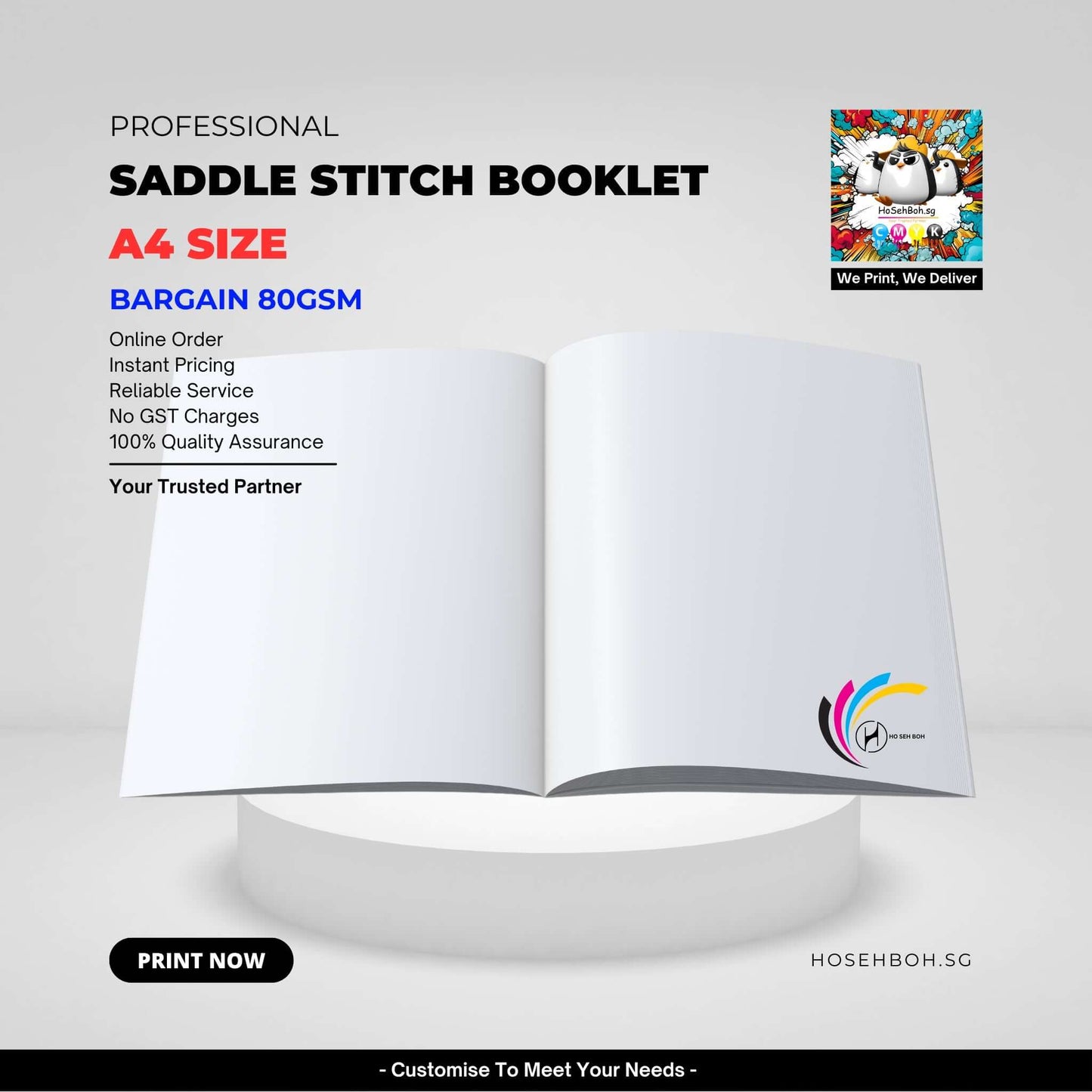 Professional A4 saddle stitch booklet showcasing high-quality printing service, ideal for magazines and menus in Singapore.