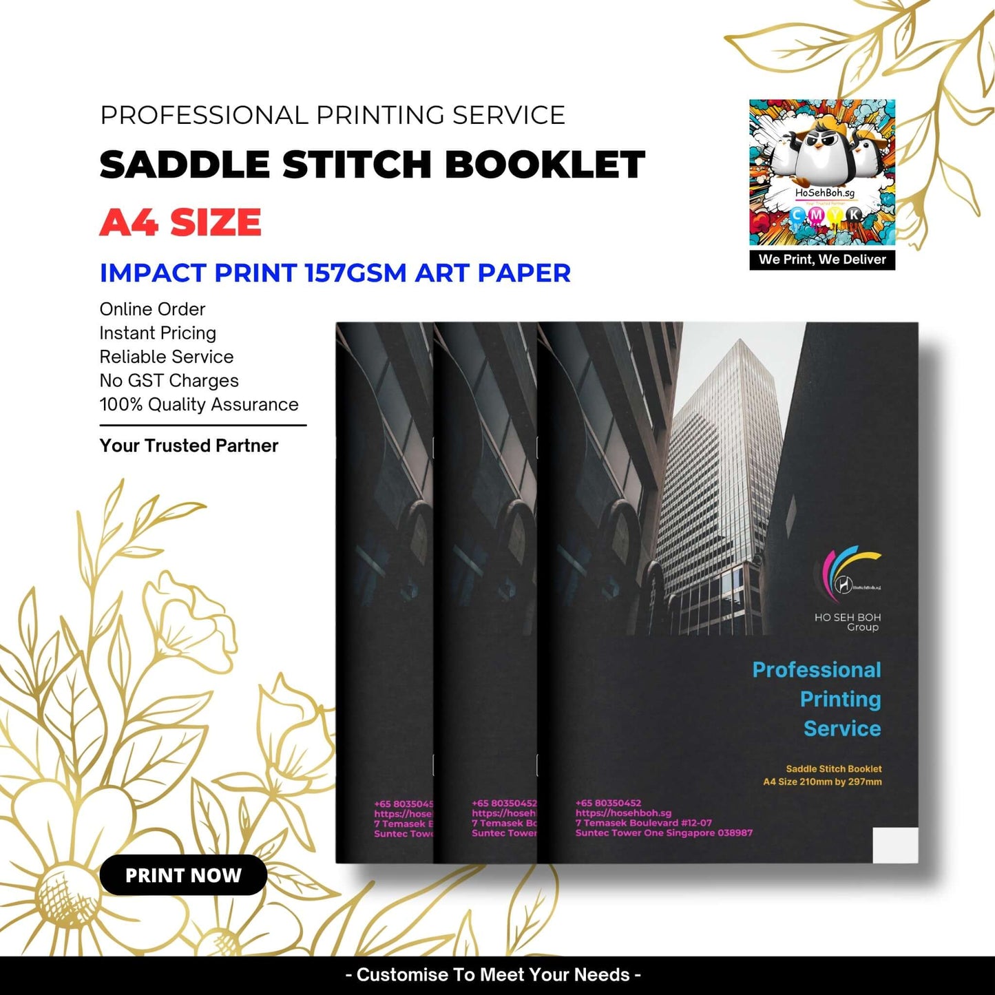 A4 size saddle stitch booklet showcasing professional printing service in Singapore with quality assurance and instant pricing.
