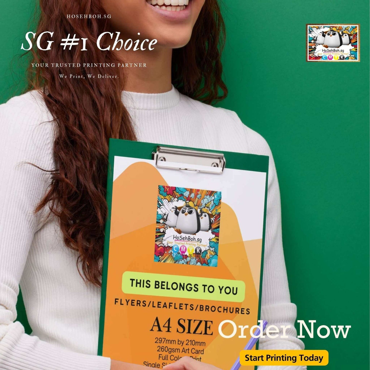 A woman holding a clipboard with an A4 flyer, showcasing premium flyer printing service in Singapore.