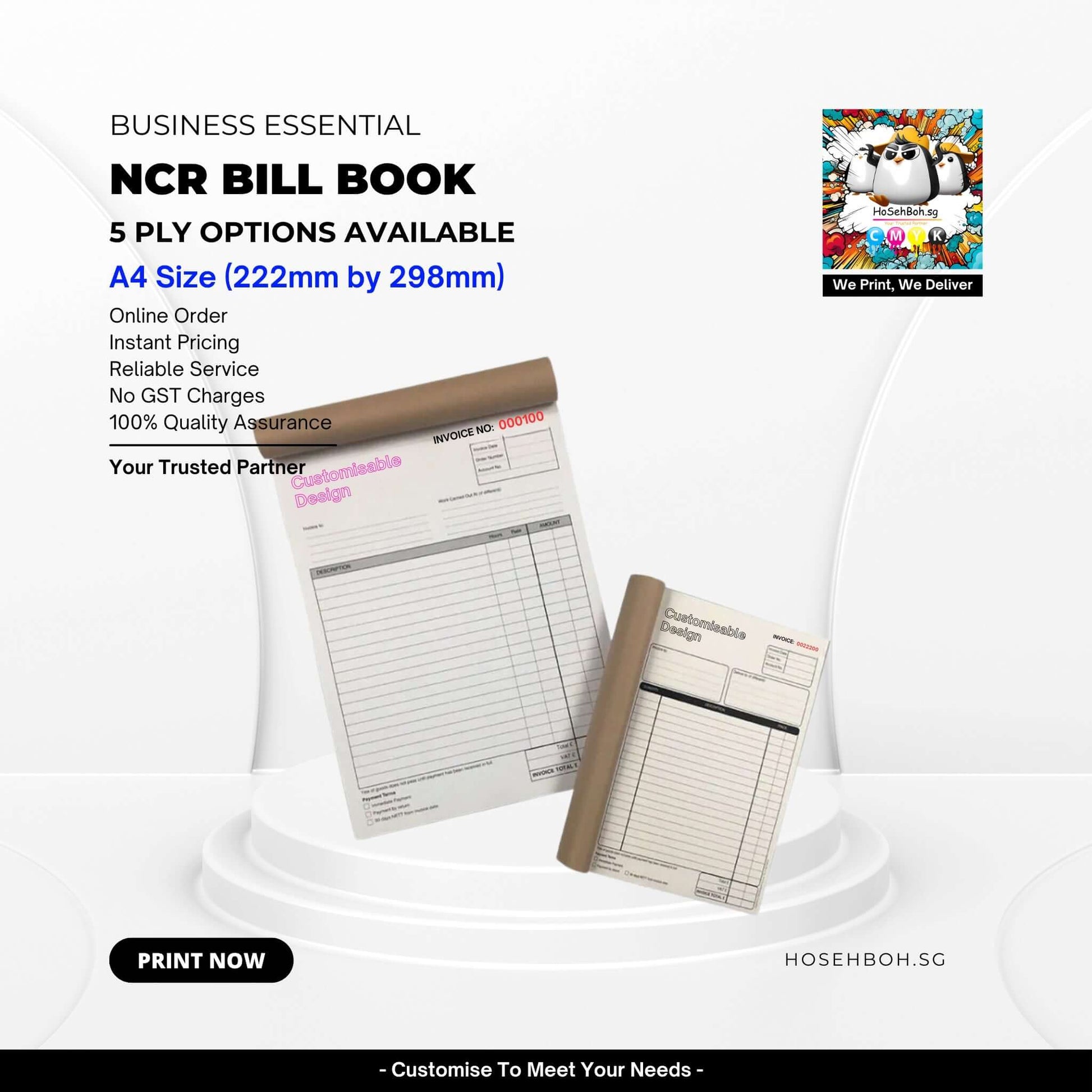 A4 NCR receipt books featuring 5 ply options, available for online order at Ho Seh Boh Group, Singapore.