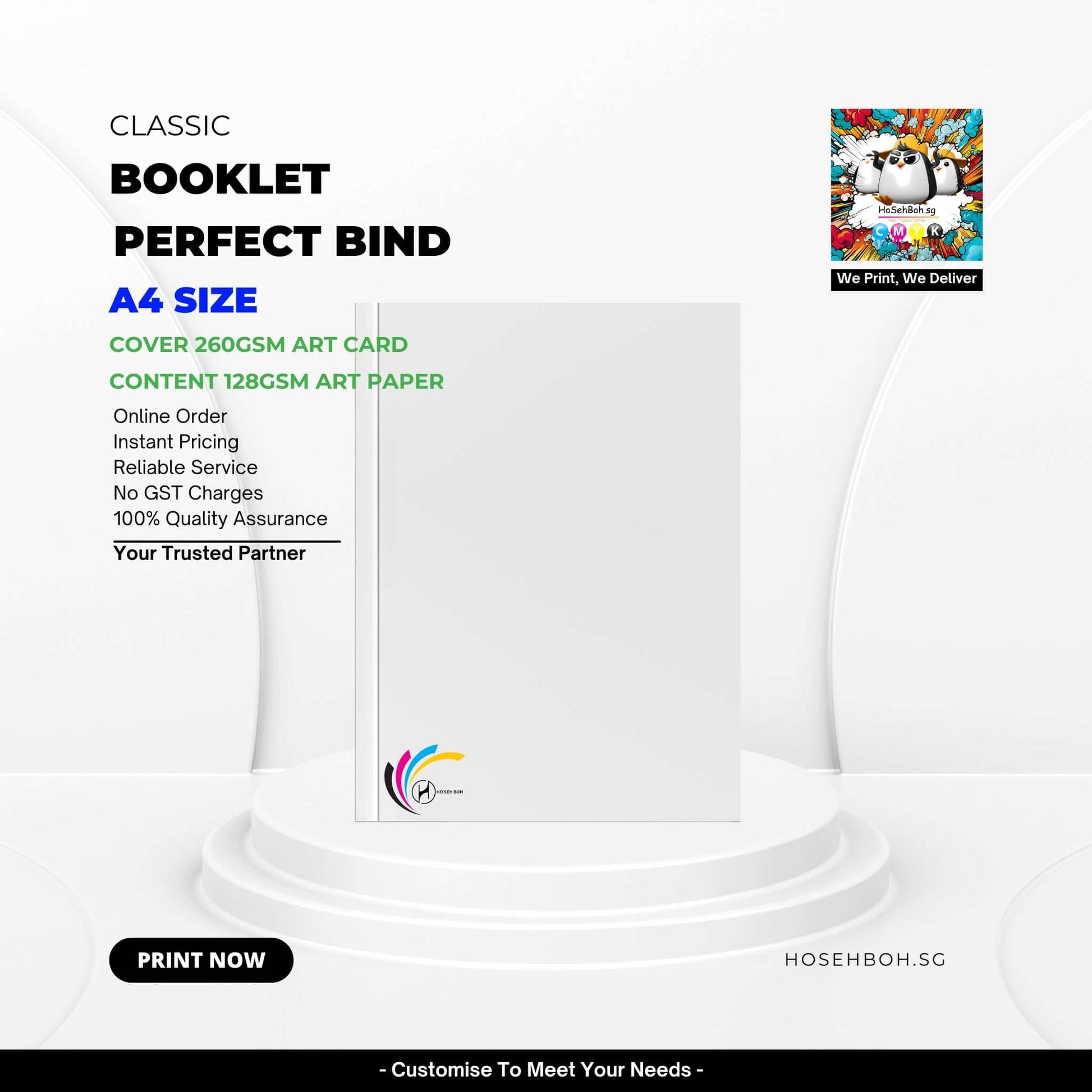 A4 Perfect Bind Booklet with 260gsm art card cover and 128gsm art paper, ideal for digital printing in Singapore.