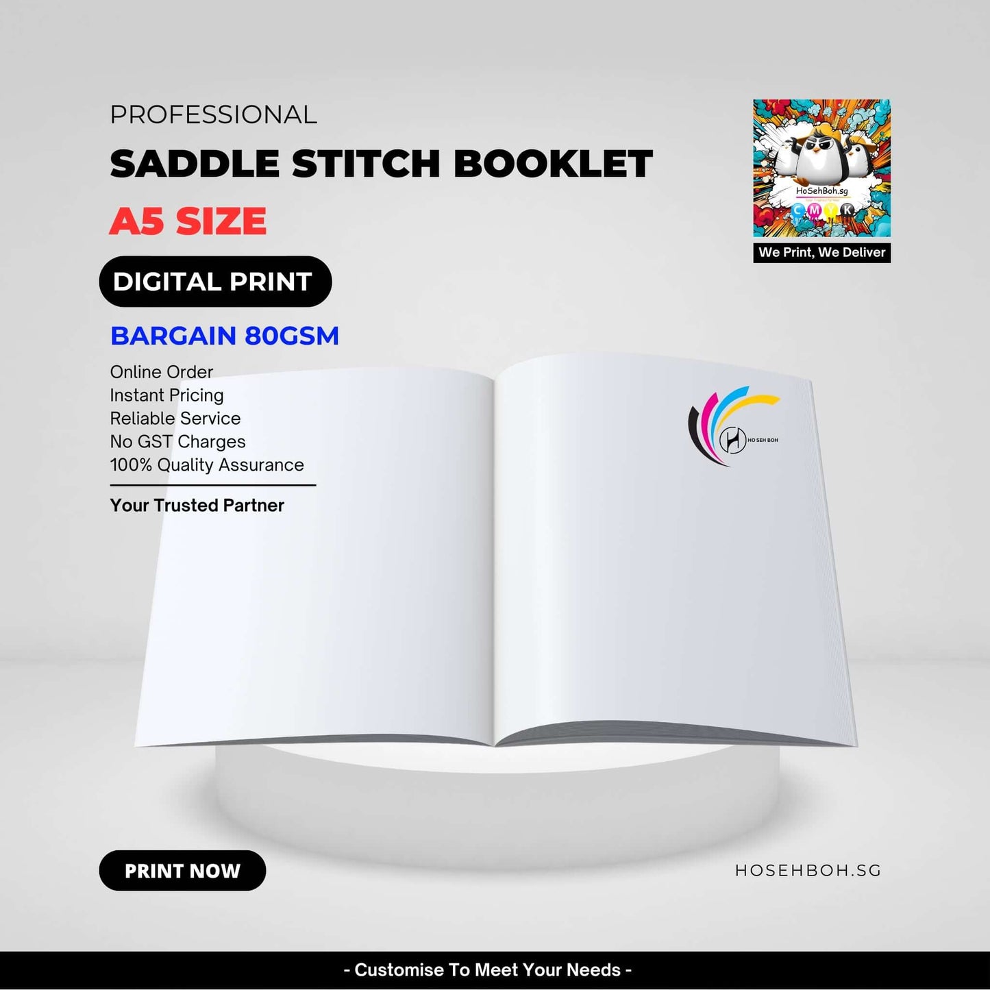 A5 saddle stitch booklet with digital print features, showcasing online order and quality assurance.