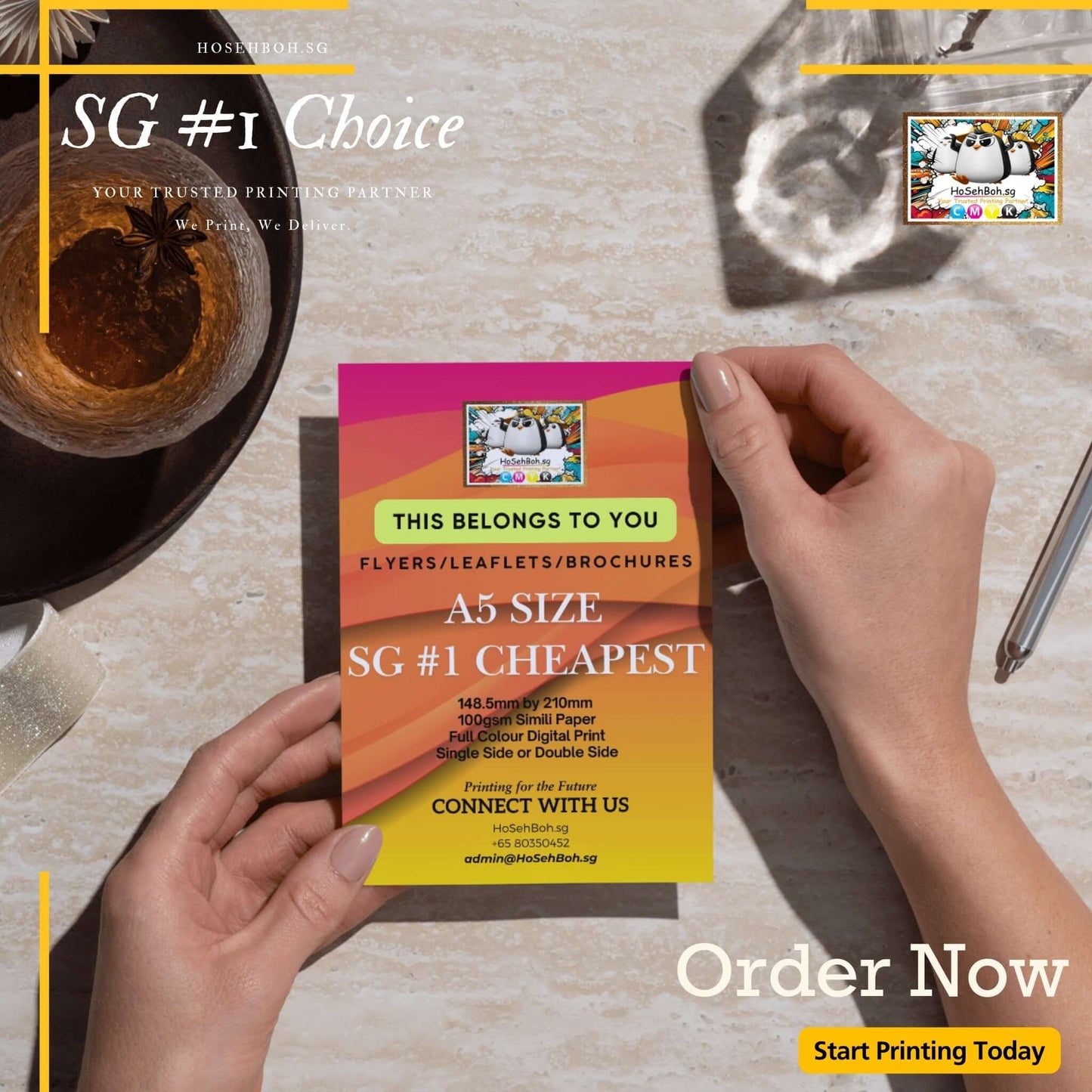 A5 flyer showcasing vibrant design, promoting affordable printing services in Singapore - Cheapest flyer printing.