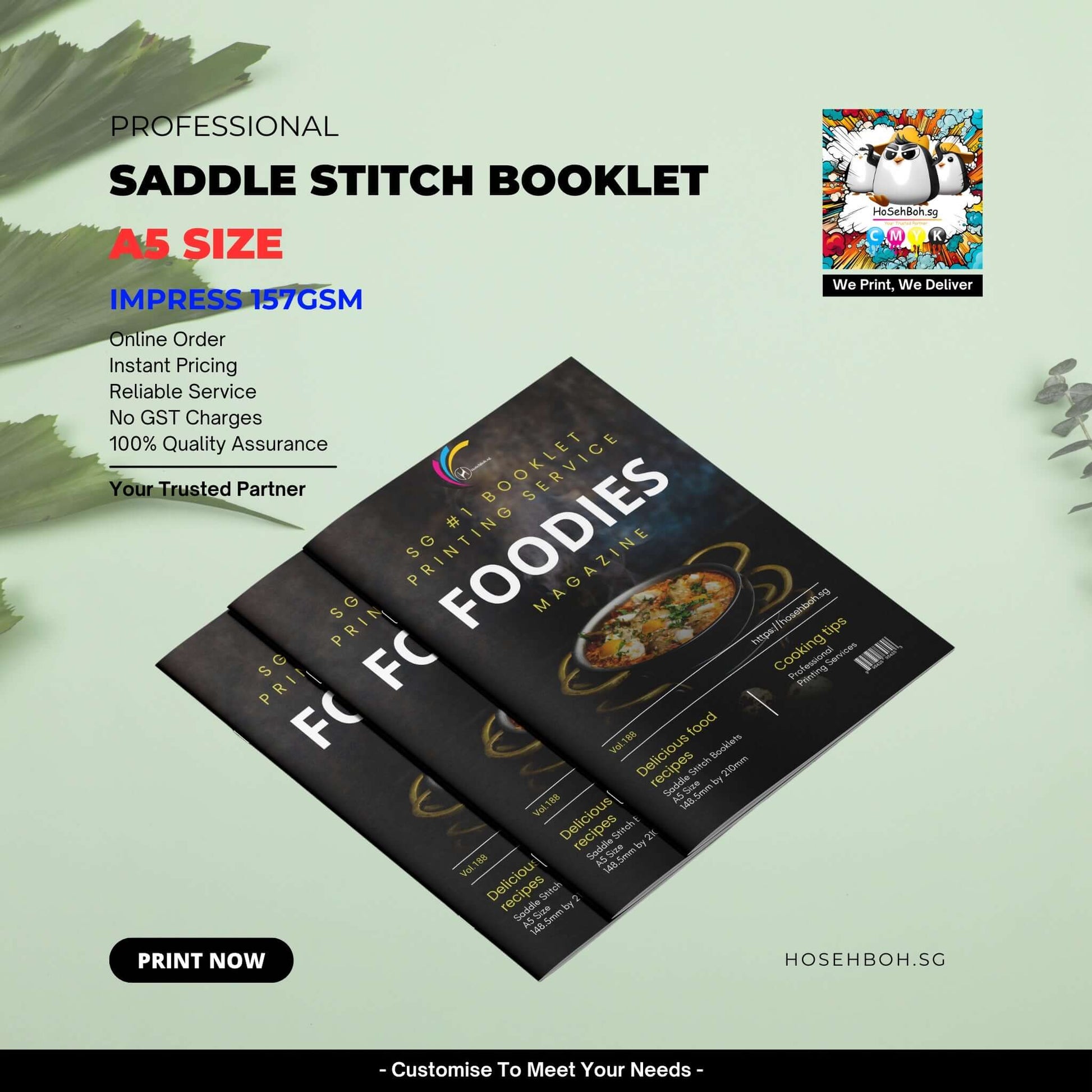 A5 saddle stitch booklet showcasing vibrant food images, highlighting online order and quality printing in Singapore.