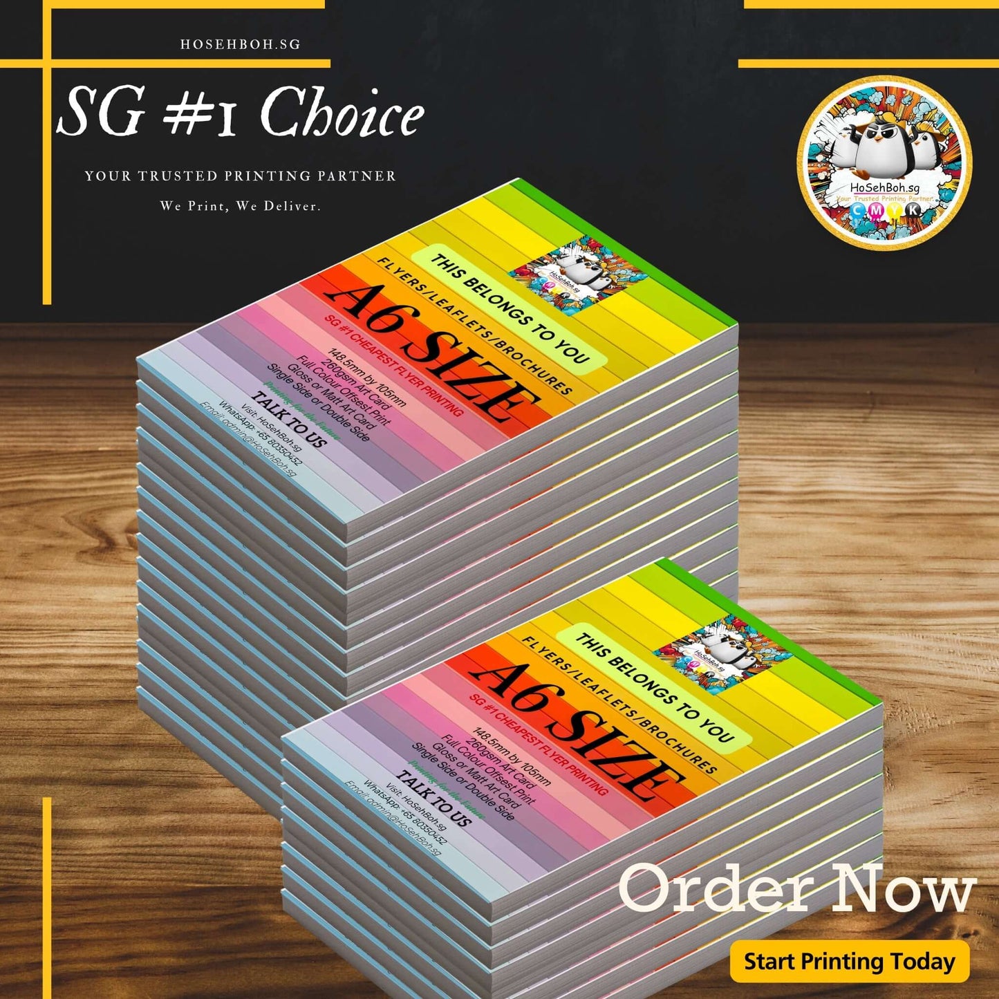 A6 flyer stack showcasing vibrant designs for affordable marketing in Singapore, emphasizing cost-effective printing services.