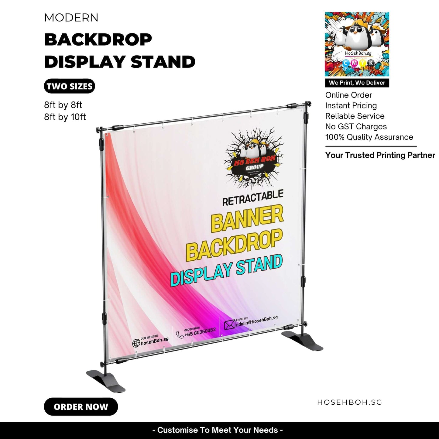 Modern retractable backdrop display stand for events, available in two sizes. Instant pricing from hosehBoh.sg.