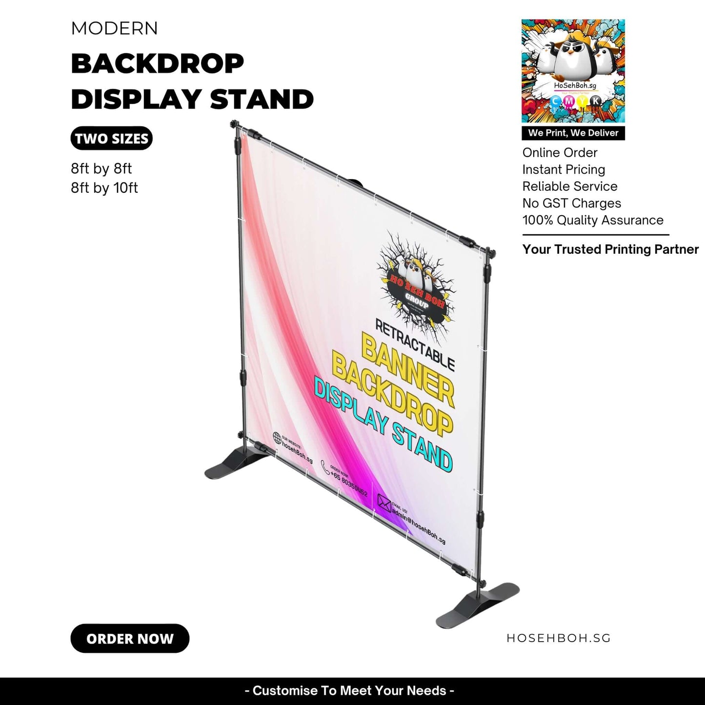 Modern retractable backdrop display stand available in two sizes for events by hosehBoh.sg, your trusted printing partner.
