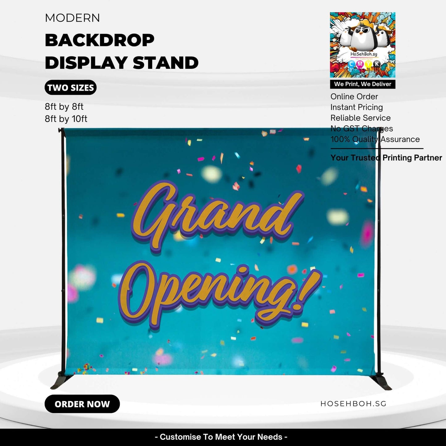 Modern backdrop display stand for events, featuring 'Grand Opening' text with colorful confetti, available in various sizes.