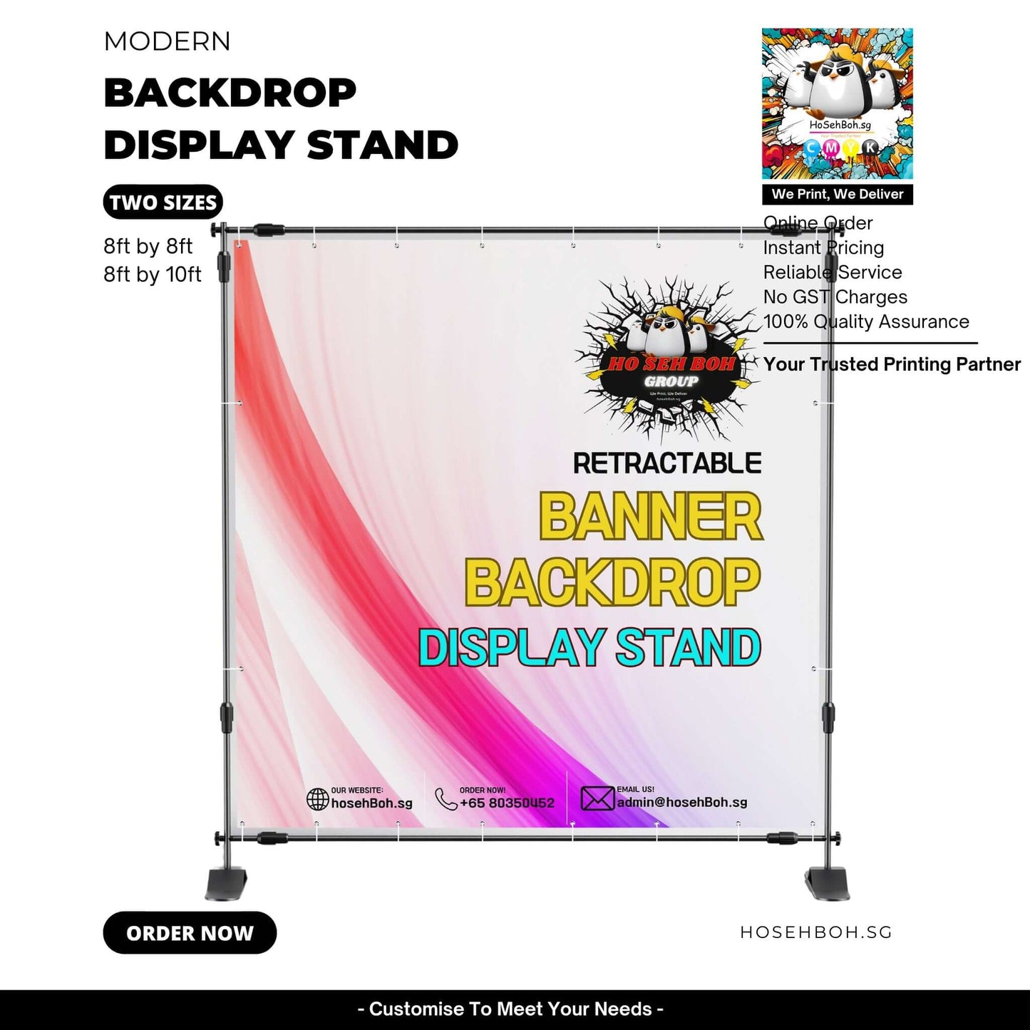 Modern backdrop display stand by hosehBoh.sg, available in two sizes for indoor events and promotions.