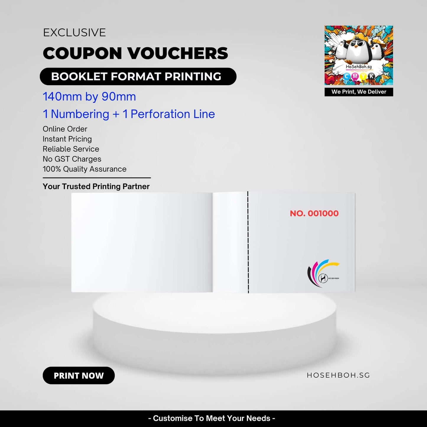 Booklet coupon vouchers in 140mm by 90mm format, printed by Ho Seh Boh Group, ideal for discounts in Singapore.