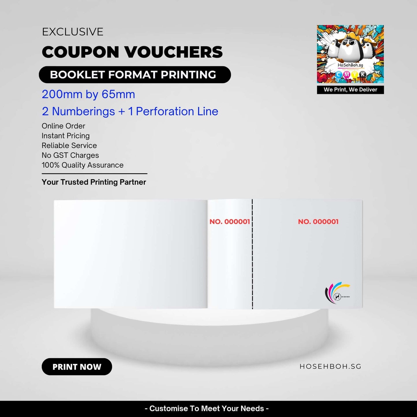 Exclusive 200mm x 65mm booklet discount coupon vouchers from Ho Seh Boh Group for print services in Singapore.
