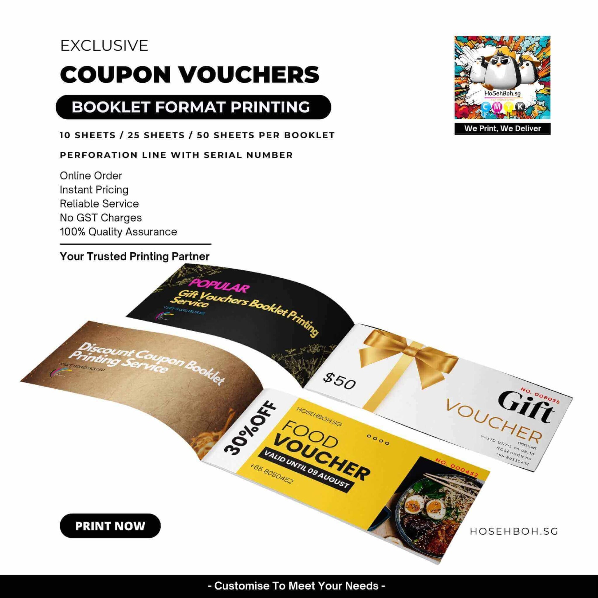 Booklet coupon vouchers by Ho Seh Boh Group featuring customizable discount options, ideal for businesses in Singapore.