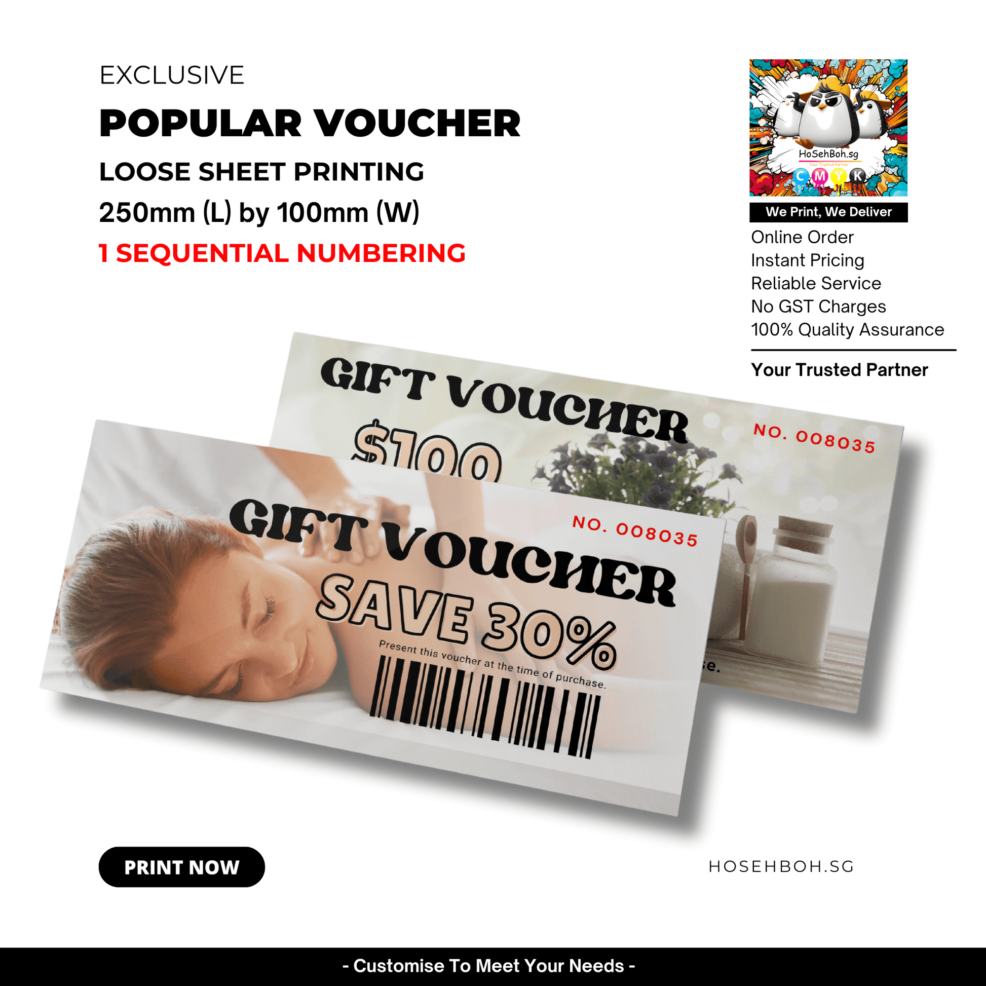 Exclusive gift vouchers with 250mm x 100mm printing, offering savings and sequential numbering from Ho Seh Boh Group.
