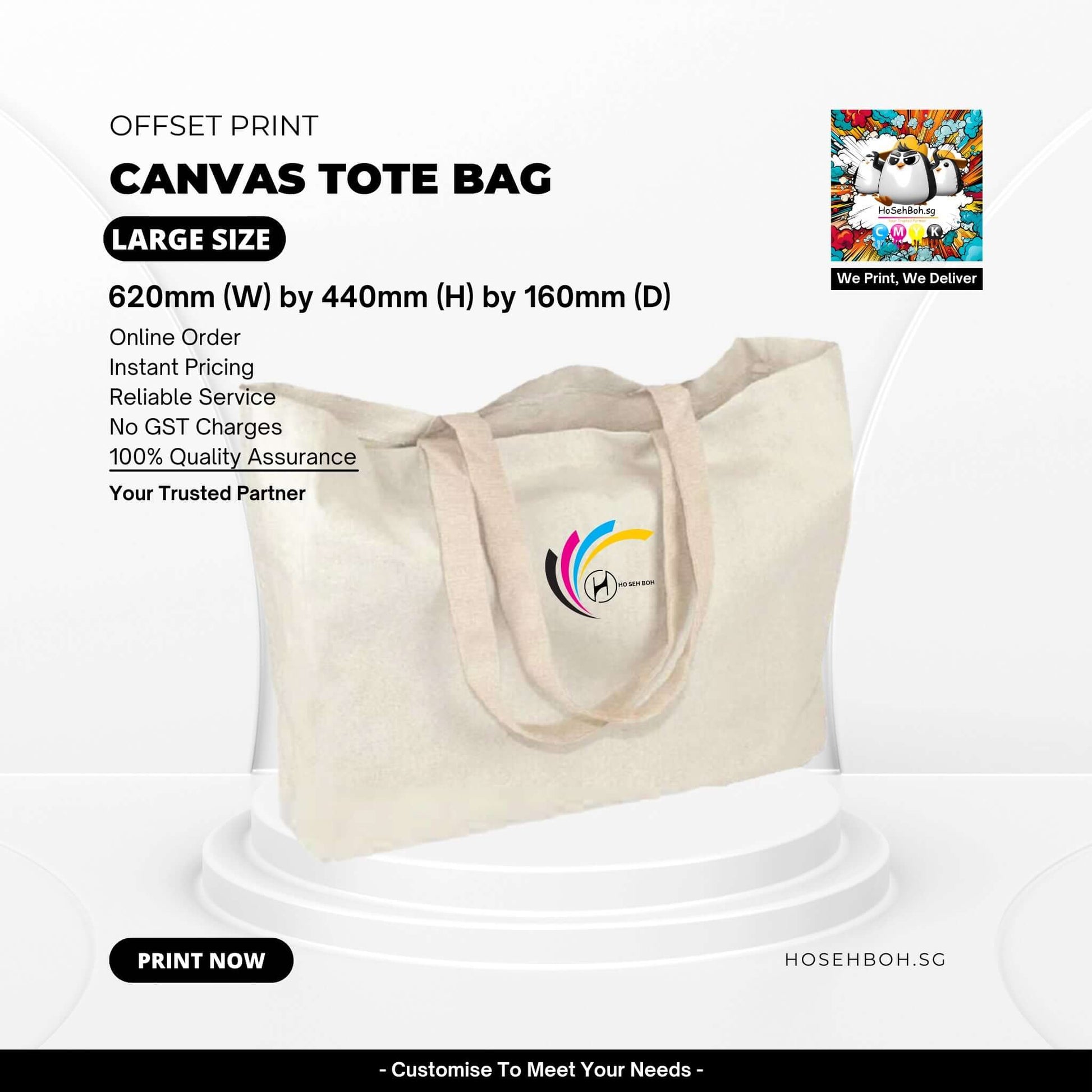 Large canvas tote bag with custom printing options for stylish shopping in Singapore with Ho Seh Boh Group.