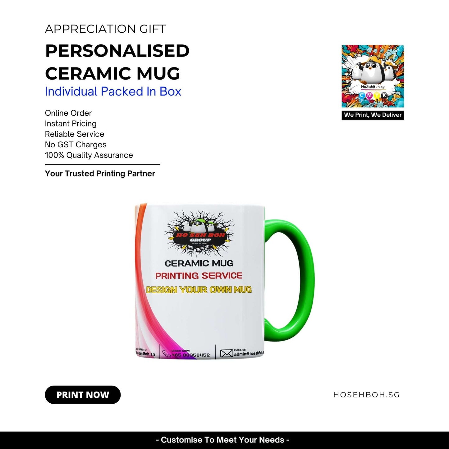 Personalised ceramic mug in a box, custom printing service, appreciation gift, reliable and quality assured.