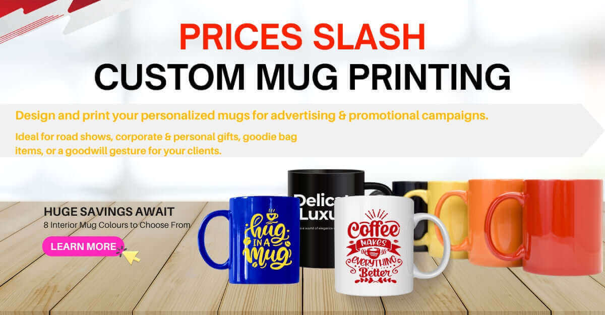 Custom mug printing promotion showcasing colorful mugs, perfect for gifts and advertising campaigns by HoSehBoh.sg.